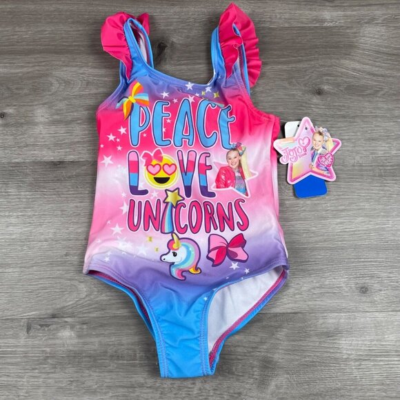 JoJo Siwa  Girl's "Peace, Love, Unicorns" Swimsuit Size 4. UPF 50+ NWT Pink/Blue - Picture 1 of 9